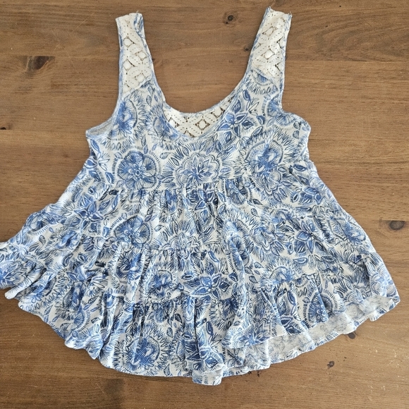 Free People Linen Cotton Blend Floral Lace Tank Blue White Size XS - Picture 7 of 7